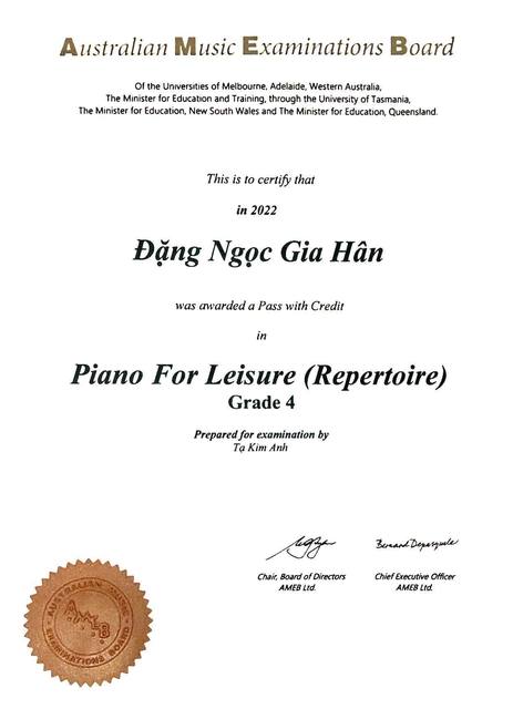 AMEB Piano for Leisure Grade 4 · Pass with Credit · 2022